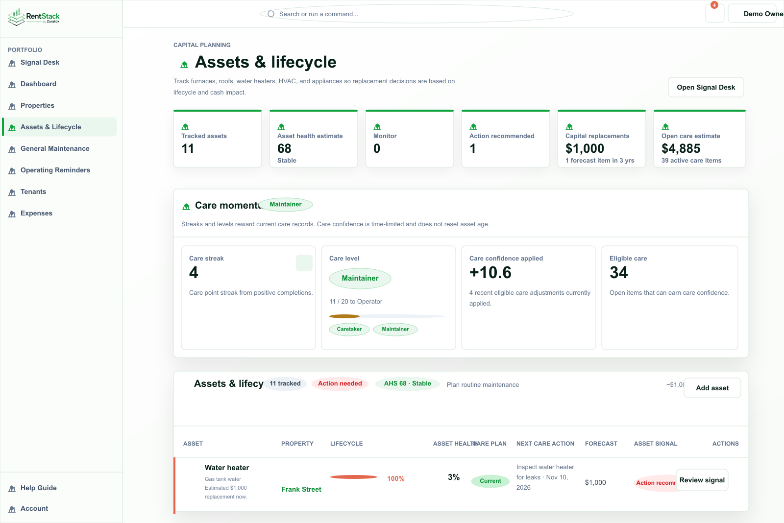 RentStack asset queue screenshot showing lifecycle, asset health, care plan, forecast cost, and recommended action.