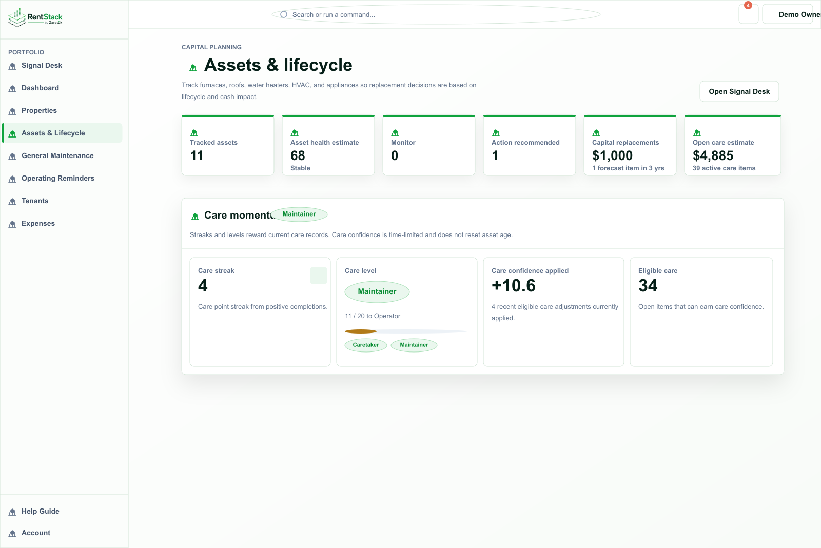 RentStack assets and lifecycle screenshot showing asset health, care momentum, and capital planning metrics.