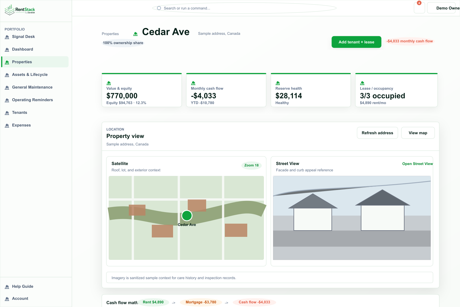 RentStack property overview screenshot showing value, cash flow, reserves, occupancy, and location context.