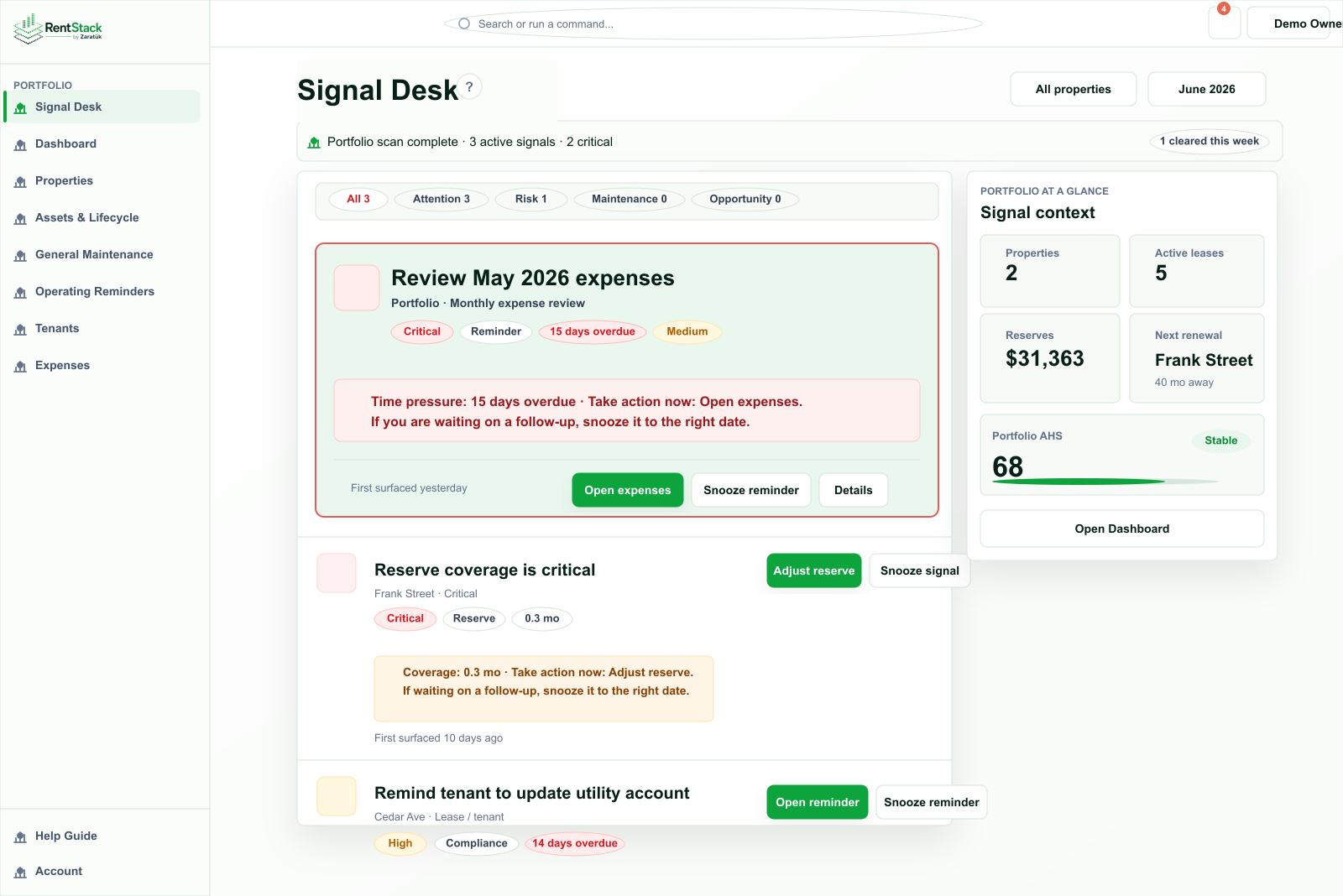 RentStack Signal Desk screenshot showing active portfolio signals and recommended next actions.